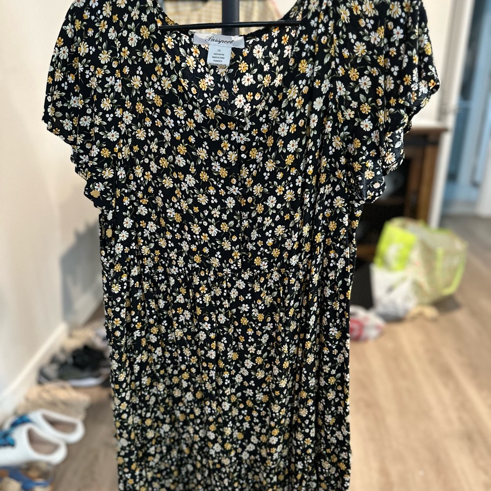 Passport Black Dress with Yellow Floral Design